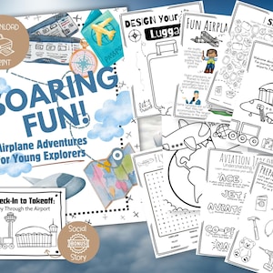 Puede incluir: Un folleto de actividades imprimible para niños con un avión azul en la portada y las palabras "Soaring Fun! Airplane Adventures for Young Explorers". El folleto incluye actividades como diseñar equipaje, una búsqueda de palabras y un viaje "From Check-In to Takeoff" a través del aeropuerto.