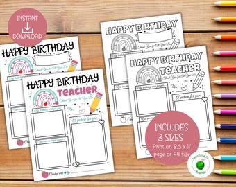 Tarjeta de cumpleaños para maestros, imprimible, regalo de agradecimiento para maestros, página para colorear, tarjeta de cumpleaños, libro de regalo para la clase, descarga en PDF