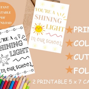 IMPRIMABLE Vous êtes une lumière qui brille, Carte de professeur à colorier, Merci professeur, carte de remerciement de l'enseignant, Téléchargement instantané, PDF imprimable