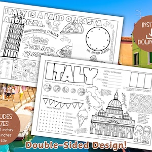 May include: Black and white printable placemat with an Italian theme. The placemat features a word search, word scramble, maze, and coloring activities. The placemat is double-sided and includes three sizes: 8.5 x 11 inches, 11 x 17 inches, and A4 size.