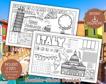 Italy Themed Printable Activity Sheet, Placemat for Kids – Word Search, Maze, Coloring & More , PDF Downloads, Double Sided, Answer Key