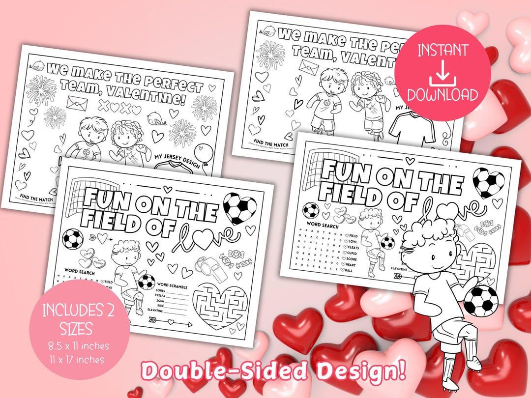 Kids Soccer Valentine's Day Activity Placemat - PRINTABLE Valentines ...