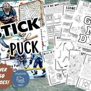 Peut inclure: Un livre d'activités sur le thème du hockey imprimable avec plus de 50 pages de divertissement pour les enfants. La couverture présente une illustration colorée de joueurs de hockey et d'un filet. Le livre comprend des activités comme des mots croisés, des jeux de différences et des coloriages.