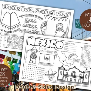 Mexico Themed Printable Activity Sheet, Placemat, for Kids – Word Search, Maze, Coloring & More , 3 PDF Downloads, Double Sided,Answer Key
