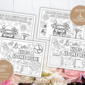 May include: Black and white printable wedding reception place cards with a baseball theme. The cards feature a baseball, a baseball glove, a baseball bat, a heart, and the text "Love Hits a Home Run!" The cards also include a word search and a word scramble.