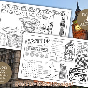 Puede incluir: Hoja de actividades imprimible en blanco y negro con temática de Londres. La hoja incluye una búsqueda de palabras, un crucigrama, un laberinto y un diseño de la corona real. La hoja es de doble cara e incluye tres tamaños: 8,5 x 11 pulgadas, 11 x 17 pulgadas y A4.