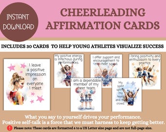 May include: Thirty affirmation cards designed to help young athletes visualise success. The cards feature watercolour illustrations of cheerleaders and positive affirmations such as "I leave a positive impression on everyone I meet." and "My spirit uplifts my tears and the crowd."