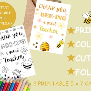 Abeille IMPRIMABLE, carte de professeur à colorier, merci professeur, carte de remerciement de l'enseignant, téléchargement immédiat, PDF imprimable