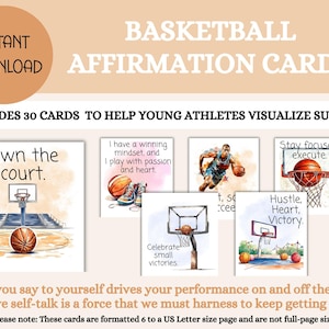 30 druckbare positive Affirmationskarten für Kinder, Selbstwertgefühl, Vertrauen, Motivationskarten, junge Sportler, Basketball