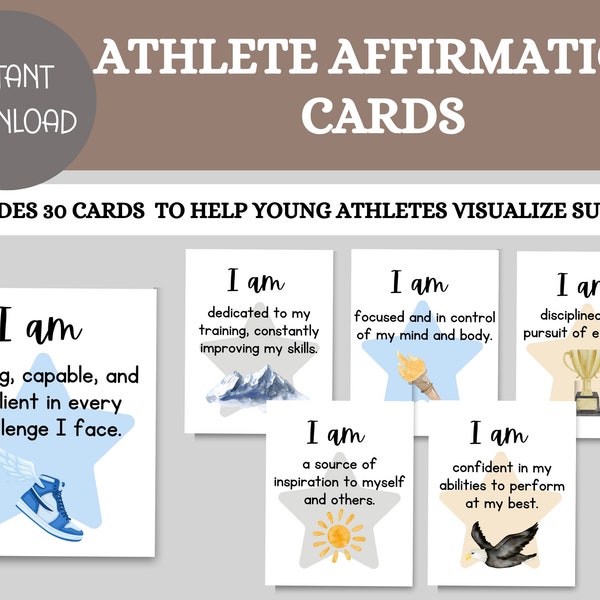 30 Printable Positive Affirmation Cards for Kids, Self Esteem, Confidence, Motivational Cards, Young Athletes