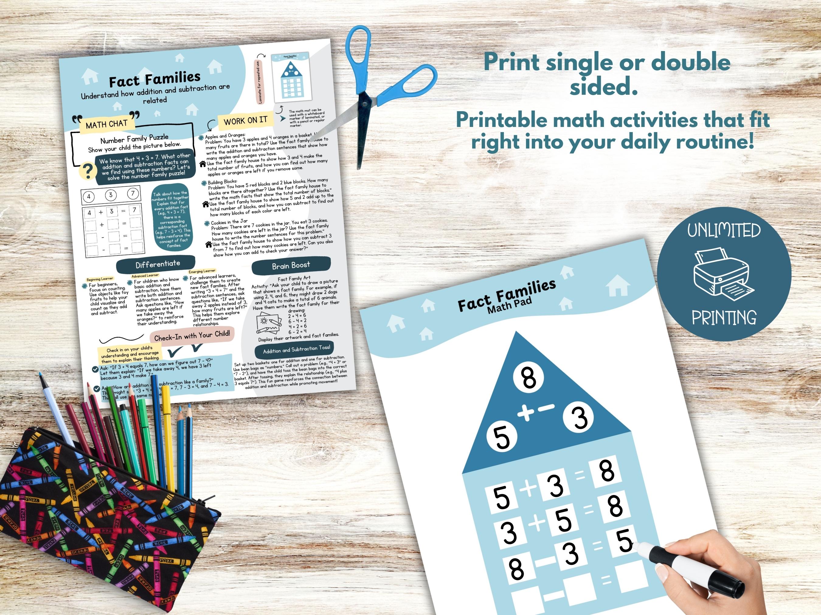 Fact Families, Printable Math Mini Unit PDF for Parents, On-the-go Math ...
