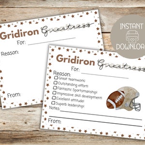 Joueur du match de football, Cartes de compliment, Carte de communication entraîneur, Carte de vantardise, Certificat de football, Carte de football, Téléchargement immédiat