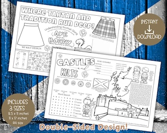 Scotland Themed Printable Activity Sheet, Placemat for Kids – Word Search, Maze, Coloring & More , PDF Downloads, Double Sided,Answer Key