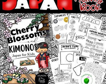 Pode incluir: Um livro de atividades colorido para crianças intitulado "Cherry Blossoms and Kimonos", com ilustrações de sushi, uma menina de quimono e elementos culturais japoneses. A palavra "JAPAN" está em letras vermelhas grandes no topo.