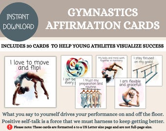 May include: A set of 30 affirmation cards designed to help young gymnasts visualize success. The cards feature colorful illustrations of gymnasts performing various skills, along with positive affirmations such as "I love to move and flip!" and "I trust my preparation and routine."