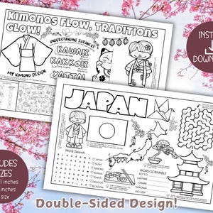 May include: A black and white printable activity mat with a Japanese theme. The mat features a word search, word scramble, maze, and coloring pages. The mat is double-sided and includes three sizes: 8.5 x 11 inches, 11 x 17 inches, and A4 size.
