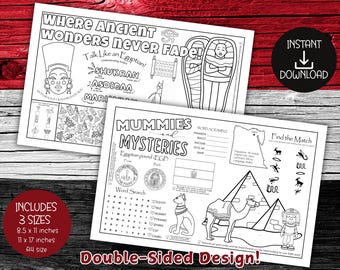 Egypt Themed Printable Activity Sheet, Placemat for Kids – Word Search, Maze, Coloring & More , PDF Downloads, Double Sided, Answer Key