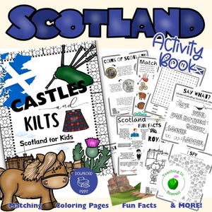 Puede incluir: Un libro de actividades educativas colorido con la palabra "Escocia" en letras azules. El libro incluye páginas con ilustraciones de castillos, kilts y datos curiosos, junto con páginas para emparejar y colorear. También aparece un caballo de dibujos animados.