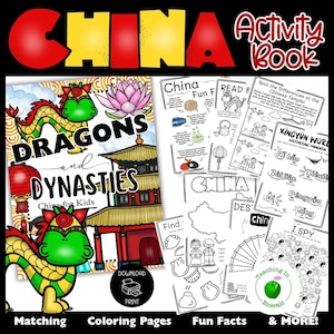 May include: An activity book titled "China Activity Book" with the word "China" in red and yellow. The book features pages with dragons, pagodas, and the text "Dragons and Dynasties China for Kids". Includes coloring pages, fun facts, and more.