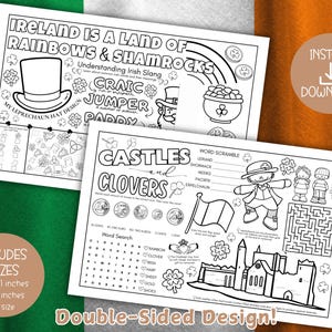 May include: Black and white printable coloring page with Irish-themed activities. The front side features a leprechaun hat design, a word scramble, and a maze. The back side features a word search, a castle, and clovers. The page is designed for kids and includes three sizes: 8.5 x 11 inches, 11 x 17 inches, and A4.