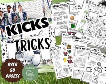 May include: A printable soccer activity book with over 50 pages of fun activities for kids. The cover features a colorful illustration of soccer players and a soccer ball. The book includes activities such as word scrambles, I Spy, spot the difference, and more.