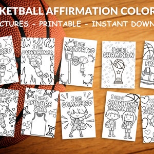 Carte di affermazione positiva per il basket, Carte di affermazione positiva per bambini, Carte di affermazione positiva da colorare, Carte da colorare motivazionali per bambini