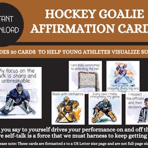 30 cartes d'affirmations positives imprimables pour enfants, estime de soi, confiance en soi, cartes de motivation, jeunes athlètes, gardien de but de hockey, téléchargement PDF