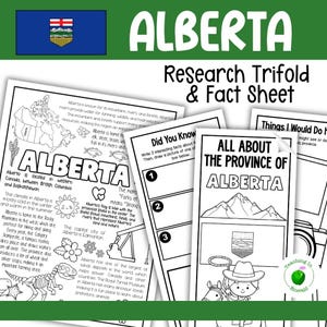 May include: A black and white research trifold and fact sheet about Alberta, Canada. The title "ALBERTA" is in large green letters. The trifold includes facts, a map, and illustrations of the province's landscape and symbols.
