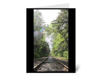 Railroad tracks in forest, Nature Greeting Card blank inside with envelope 100% PC recycled paper made with wind-power, A2 size