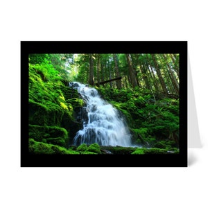 Mystical Waterfall in Lush Green Forest, Nature Greeting Card blank inside with envelope 100% PC recycled paper made with wind-power, A2