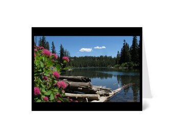 Flowers by Mountain Forest Lake, Nature Greeting Card blank inside with envelope 100% PC recycled paper made with wind-power, A2 size