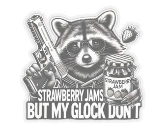 Strawberry Jams Raccoon with Glock Sticker - Funny Laptop & Planner Decal