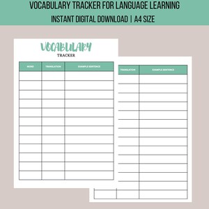 May include: Printable vocabulary tracker with a green title bar that says "Vocabulary Tracker". The tracker has columns for "Word", "Translation", "Example Sentence", and "Translation", and "Example Sentence".
