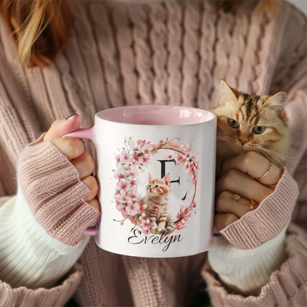 Kirschblüten-Katzentasse, Namensgeschenk, personalisierte Tasse, Katzenliebhaber, Geschenk für Freunde, Katzen mama, KatzenGeschenke