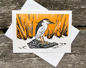 Black-Crowned Night Heron Linoprint Greeting Card