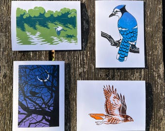 Juego de tarjetas de felicitación de aves de Ontario 2024, linograbados hechos a mano, 4 estilos