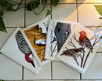 Tarjetas de felicitación de aves de Ontario, linografiadas a mano, 4 estilos
