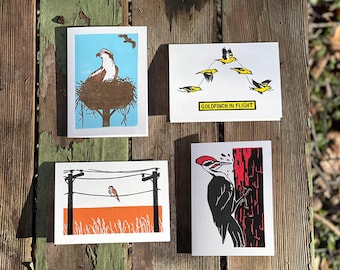 Juego de tarjetas de felicitación de aves de Ontario 2025, linograbados hechos a mano, 4 estilos