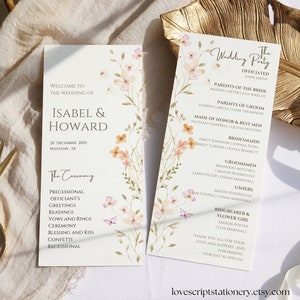 May include: Wedding ceremony programme with floral illustrations. The programme includes the names of the bride and groom, Isabel and Howard, the date and location of the wedding, and a list of the wedding party members.