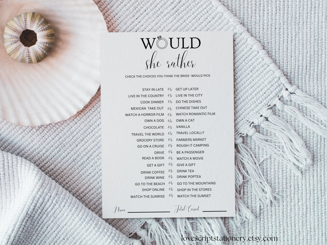 Would She Rather Bridal Shower Game Template| Would Bride Rather| Who ...