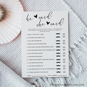 He Said She Said | Bridal Shower Games | Guess Who Said It | He Said She Said Game Card | Wedding Game | Editable Template | Canva Template