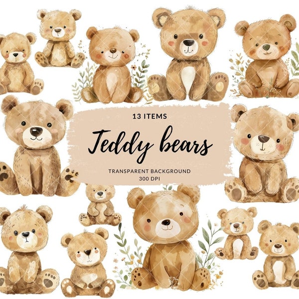 Teddy bear, watercolor clipart, teddy clipart, teddy bear clipart, teddy bear png, baby nursery decor, bear clipart, teddy bear baby shower