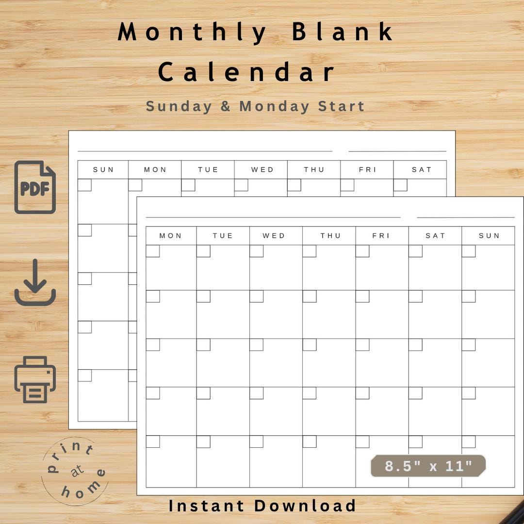 Printable Monthly Calendar Blank Reusable Planner Minimalist Undated ...