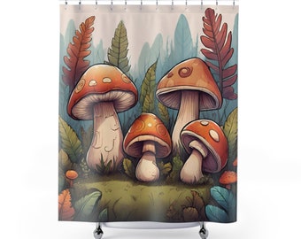 Rideau de douche en forme de champignon des bois, cottagecore mignon, accessoires de bain sorcière, décoration de salle de bain en bois inspirée de la nature, lumière unique du milieu universitaire