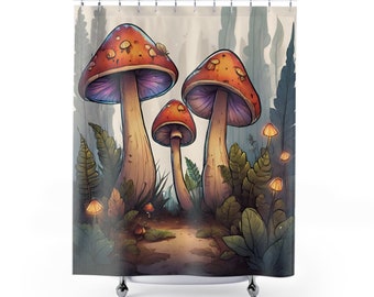 Rideau de douche champignon magique guirlande lumineuse mignonne Aamanita muscaria salle de bain Cottagecore décoration d'intérieur sorcière accessoires de bain 71 x 74 pouces