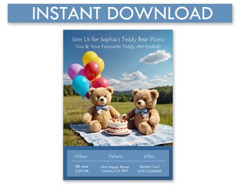 May include: Invitation to a teddy bear picnic for Sophia. The invitation features two teddy bears sitting on a blanket with a birthday cake and balloons. The text on the invitation reads "Join Us for Sophia's Teddy Bear Picnic You & Your Favourite Teddy Are Invited!"  When: 8th June 3:30 PM Where: 564 Happy Street London, E16 BHT Who: Rachel Card 07913430000