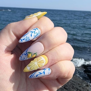Mediterranean Citrus Porcelain Press on nails, Summer Greek Italian reusable gel nails