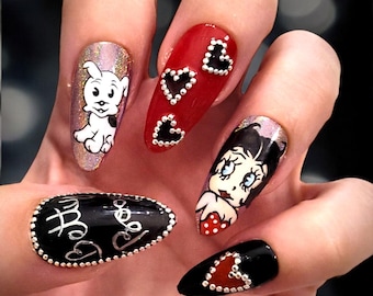 Classic Cartoon press on nails, Glam Punk Studded Bling reusable gel nails