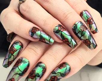 Stained Glass Rose Press on Nails, Color Changing Chrome Jelly nails