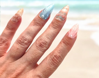 Pearly Beach Seashell Press on Nails, Pearl and Rhinestone 3D custom reusable gel nails